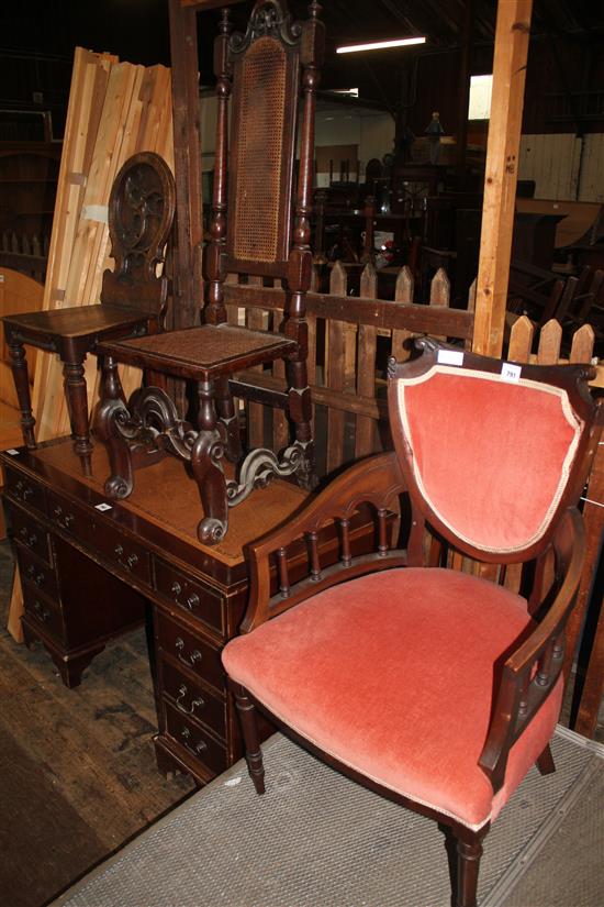 Edwardian armchair, oak hall chair & high back chair(-)